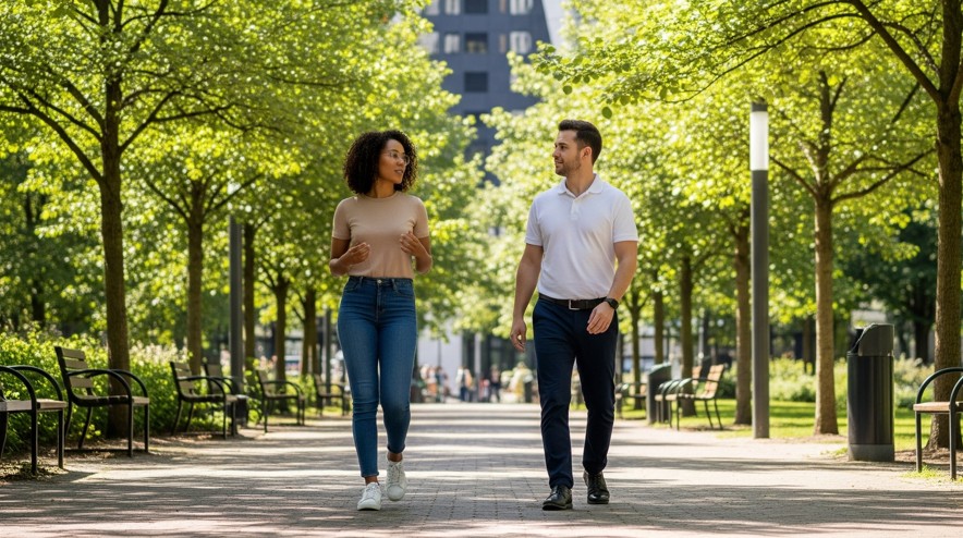 Coaching Session-walking-talking in a city park.
